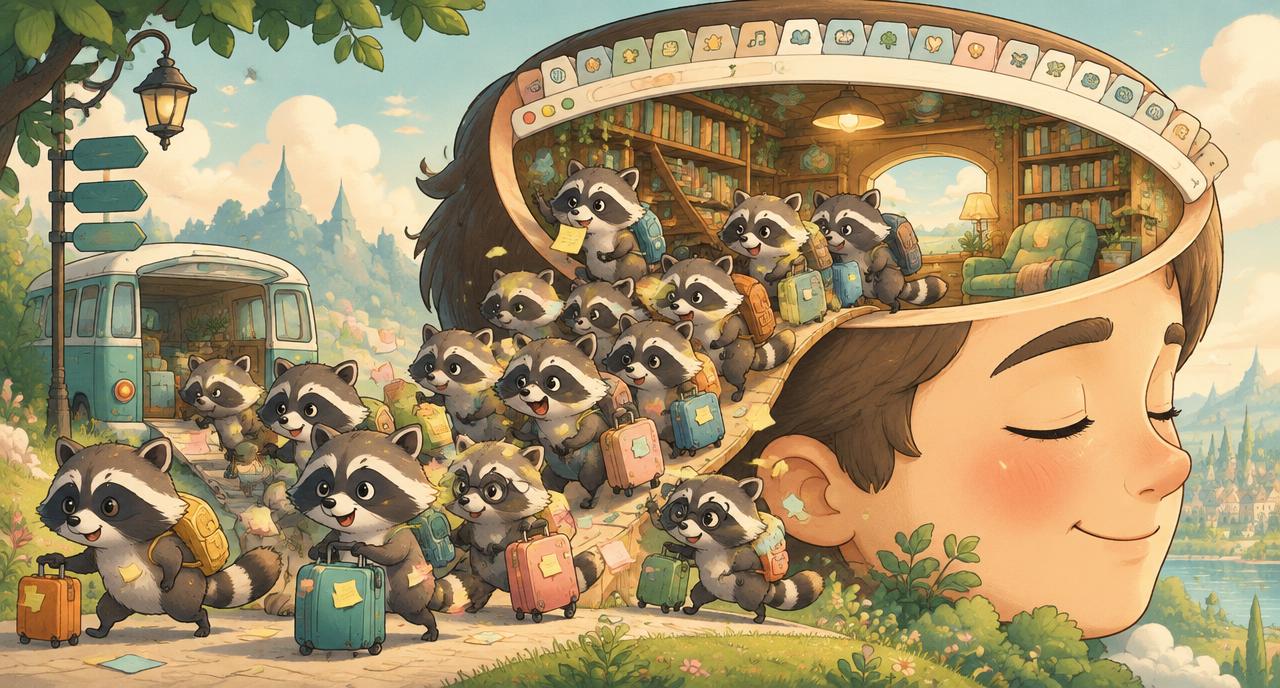 Whimsical illustration of cartoon raccoons with tiny suitcases and sticky notes evacuating out of an open human head styled like a browser window full of tabs