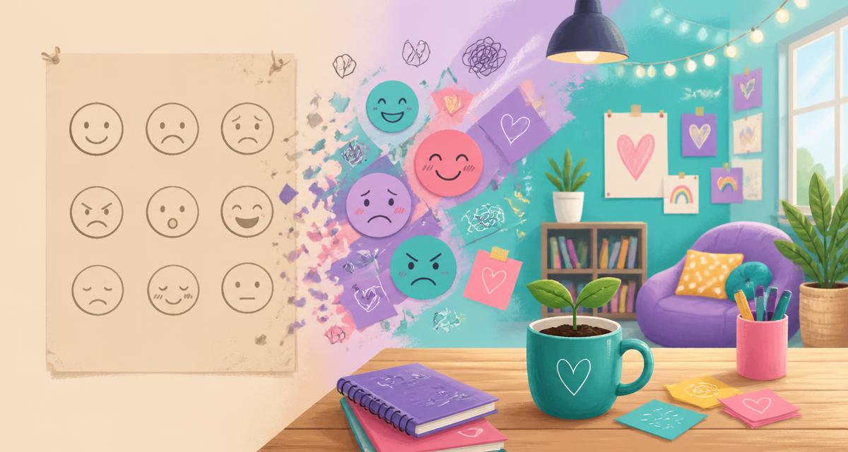 Bright classroom illustration where a faded beige feelings poster is replaced by bold, colorful social-emotional learning artwork